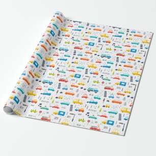 Cute Colorful Car Traffic Pattern Wrapping Paper
