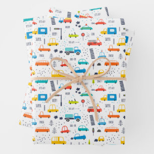 Cute Colorful Car Traffic Pattern Wrapping Paper Sheet