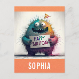 Cute Colorful Cartoon Monster Happy Birthday Postcard