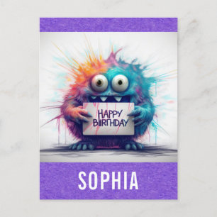 Cute Colorful Cartoon Monster Happy Birthday Postcard