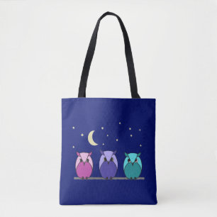 Cute Colorful Cartoon Owls Night Sky Tote Bag