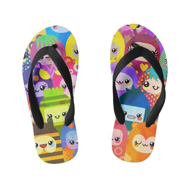 Cute Colorful Cartoon People Characters Kid's Flip Flops (Footbed)