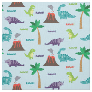 Cute Colorful Dinosaurs and Volcanos Fabric