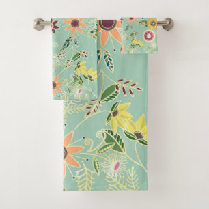 Cute Colorful Folk Floral Original Golden Design Bath Towel Set