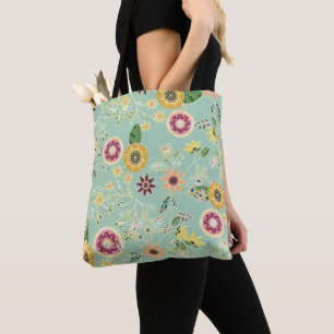 Cute Colorful Folk Floral Original Golden Design Tote Bag