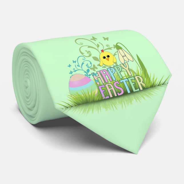 Cute Colorful Happy Easter Egg, Chick and Snowdrop Tie (Rolled)