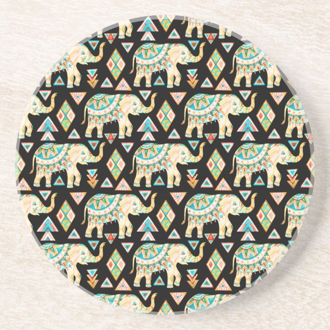 Cute colorful indian elephants pattern coaster (Front)