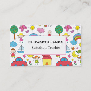 Cute Colorful Kids Drawing Substitute Teacher Business Card
