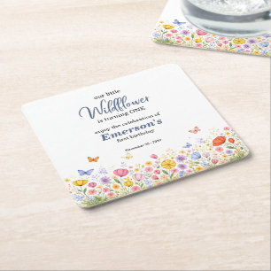 Cute Colorful Little Wildflower 1st Birthday Party Square Paper Coaster