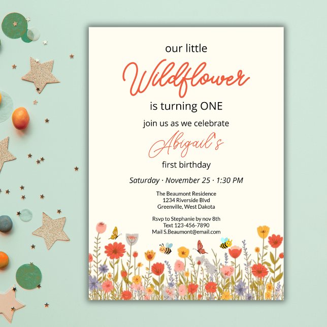 Cute Colorful Little Wildflower Bee's 1st Birthday Invitation (Creator Uploaded)