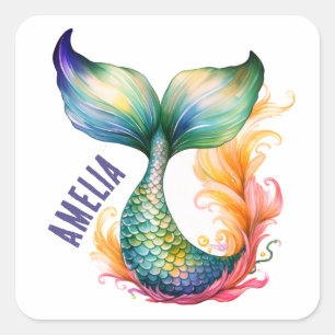 Cute Colorful Mermaid Ocean Girl Name  Square Sticker