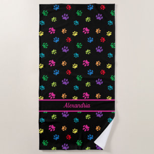 Cute Colorful Paw Prints Pattern Black Custom Beach Towel