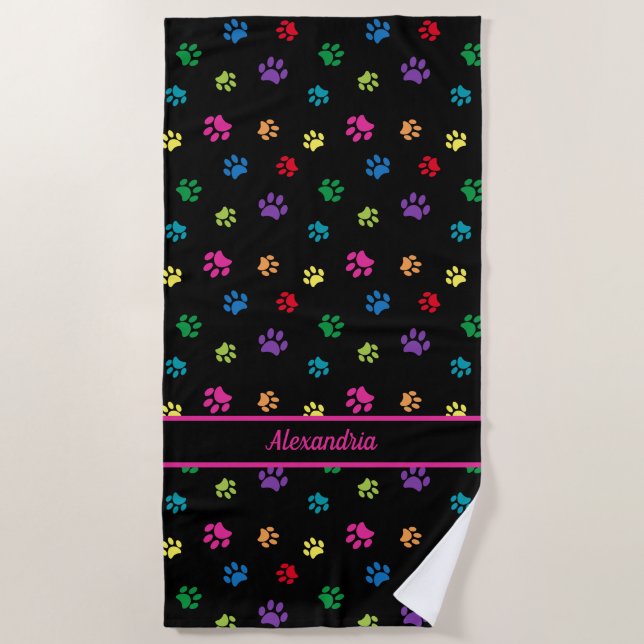 Cute Colorful Paw Prints Pattern Black Custom Beach Towel (Front)