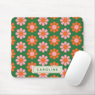 Cute Colorful Retro Flower Pattern Green Pink Name Mouse Mat