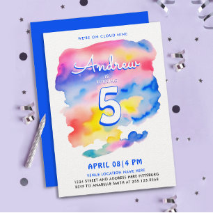 Cute Colorful Sky Cloud Nine Rainbow Watercolor Invitation