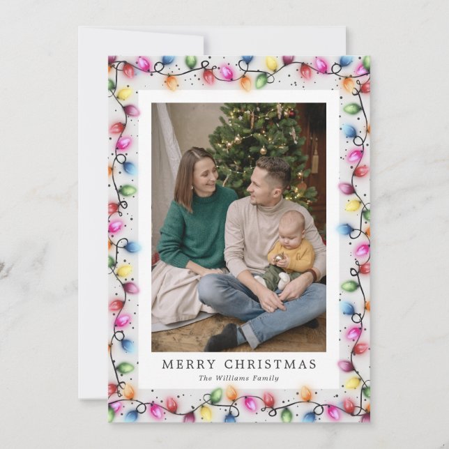 Cute Colorful String Lights Photo Christmas Card (Front)