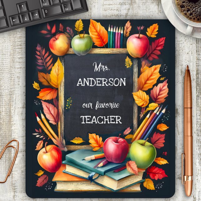Cute Colorful Teacher Appreciation Mouse Mat (Mouse pad showing a blackboard/chalkboard framed by books, apples, pencils and colorful fall leaves)