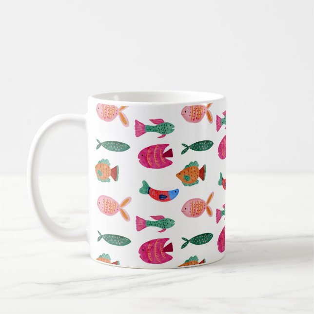 Cute Colorful Tiny Fish Drawing Seamless Pattern Coffee Mug (Left)