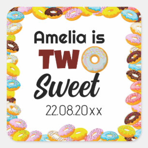Cute & Colorful Two Sweet Donut 2nd Birthday girl Square Sticker