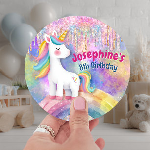 Cute Colorful Unicorn faux glitter drips birthday Classic Round Sticker