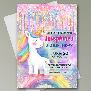 Cute Colorful Unicorn faux glitter drips birthday Invitation