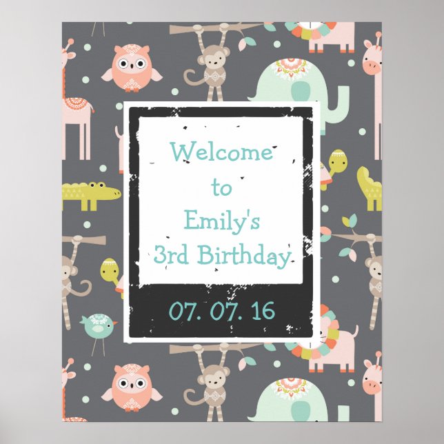 Cute Colorful Wild Animals  Birthday Welcome Poster (Front)