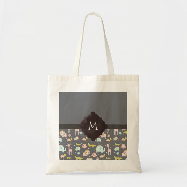 Cute Colorful Wild Animals Nursery Art Monogram Tote Bag (Front)