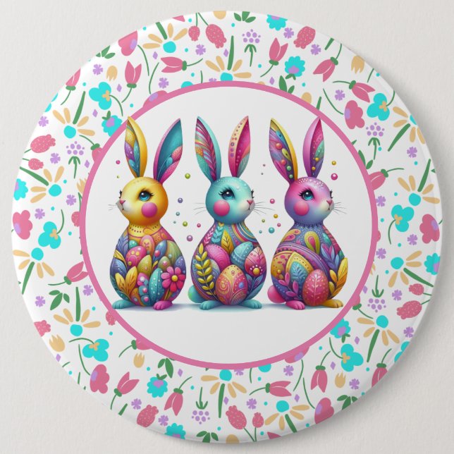 Cute, colourful 3 Easter bunny 6 Cm Round Badge (Front)