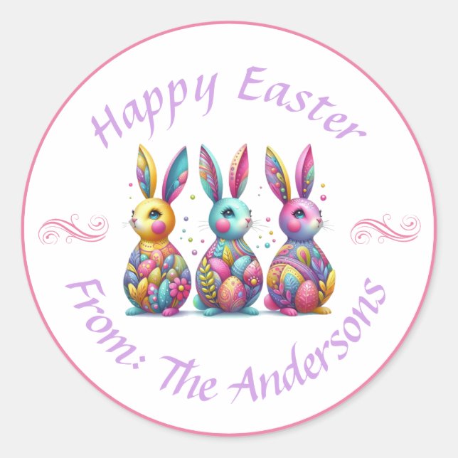 Cute, colourful 3 Easter bunny Classic Round Sticker (Front)