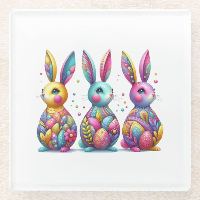 Cute, colourful 3 Easter bunny Glass Coaster (Front)