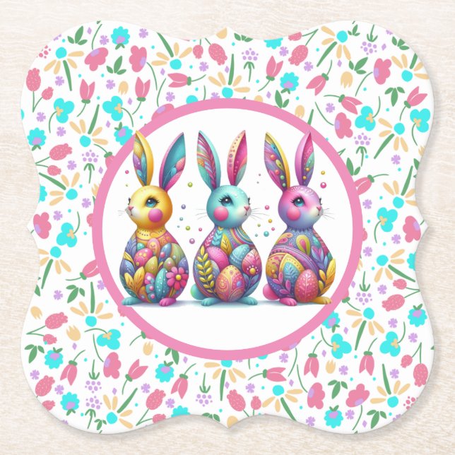 Cute, colourful 3 Easter bunny Paper Coaster (Front)