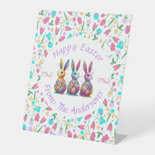 Cute, colourful 3 Easter bunny Pedestal Sign