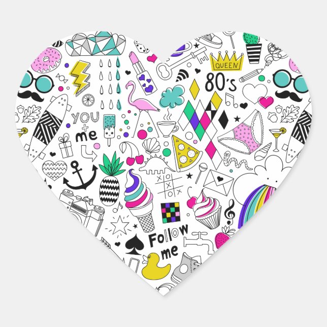 Cute Colourful 80s Pattern Heart Sticker (Front)