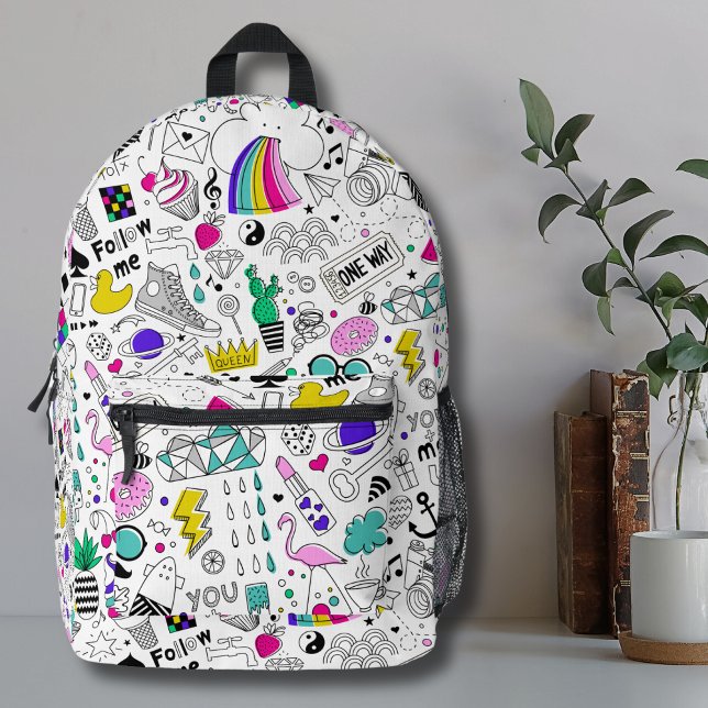Cute Colourful 80s Pattern Printed Backpack (Trendy Cute Colorful Rainbow 80s Cartoon Pattern Printed Backpack)