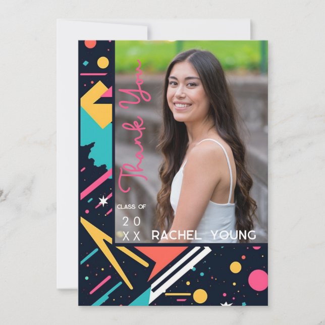 Cute Colourful 80s Retro Bright Graduation Thank You Card (Front)
