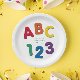Cute colourful ABC 123 neutral baby shower Paper Plate