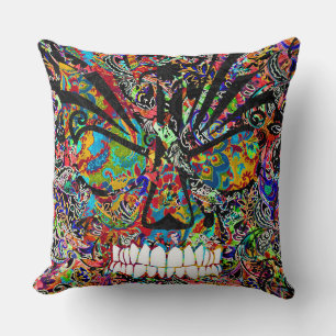 Cute colourful abstract angry skull cushion