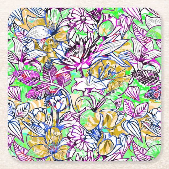 Cute colourful abstract flowers square paper coaster (Front)