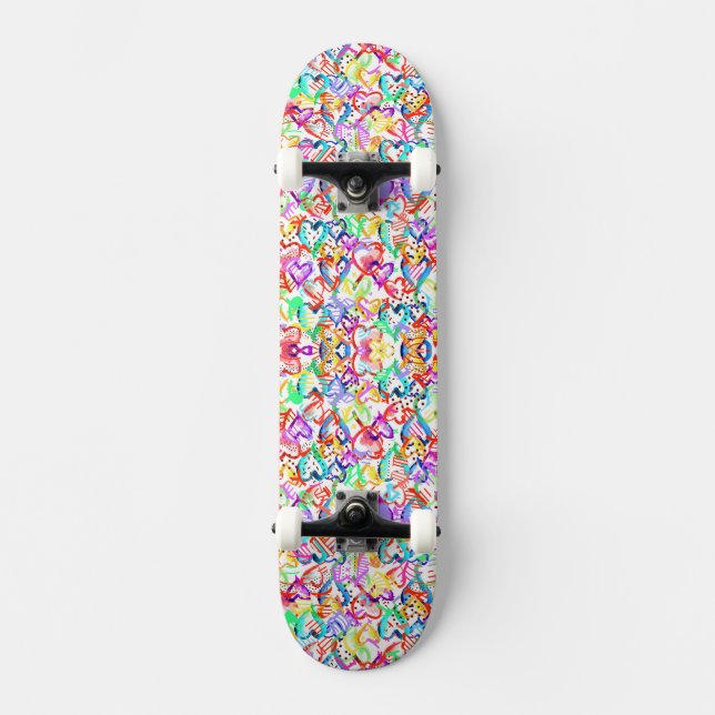 Cute colourful abstract hearts patterns skateboard (Front)
