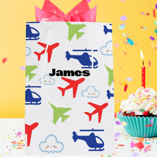 Cute Colourful Aeroplane & Clouds Aviator Custom Medium Gift Bag