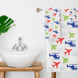 Cute Colourful Aeroplane & Clouds Aviator Fun Bath Towel Set