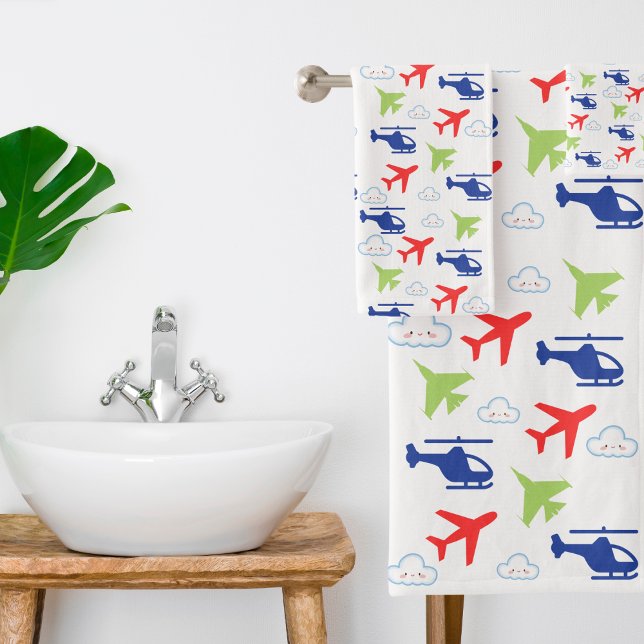 Cute Colourful Aeroplane & Clouds Aviator Fun Bath Towel Set (Creator Uploaded)