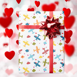 Cute Colourful Aeroplane & Heart, Valentine's Day Wrapping Paper