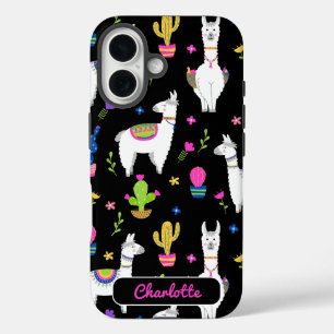 Cute Colourful Alpaca Cactus Custom Name Black iPhone 16 Case