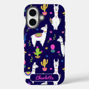 Cute Colourful Alpaca Cactus Custom Name Dark Blue iPhone 16 Case
