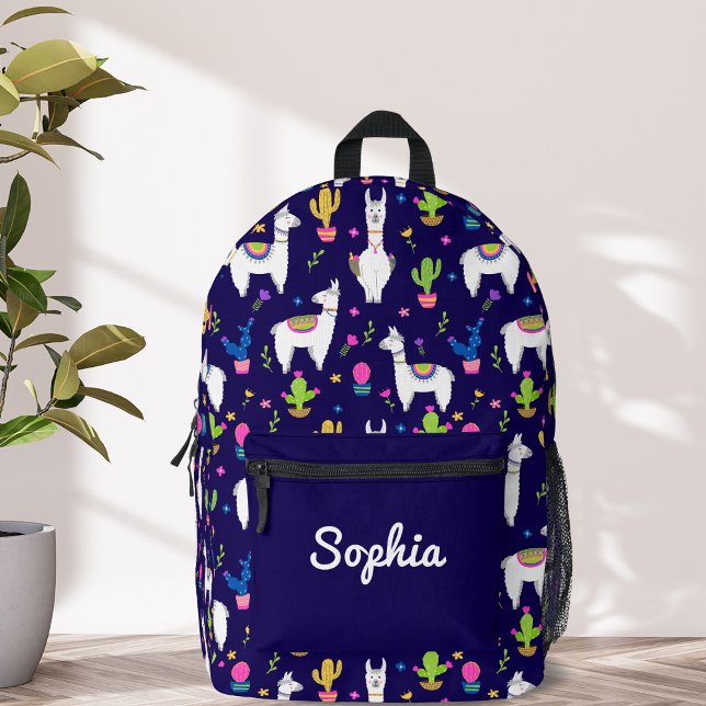 Cute Colourful Alpaca Cactus Custom Name Dark Blue Printed Backpack (Creator Uploaded)