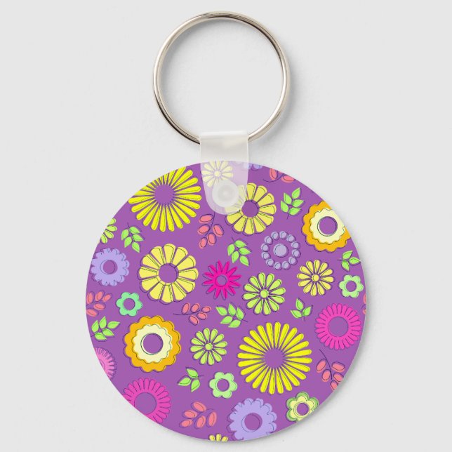 Cute colourful and purple summer flowers key ring (Front)