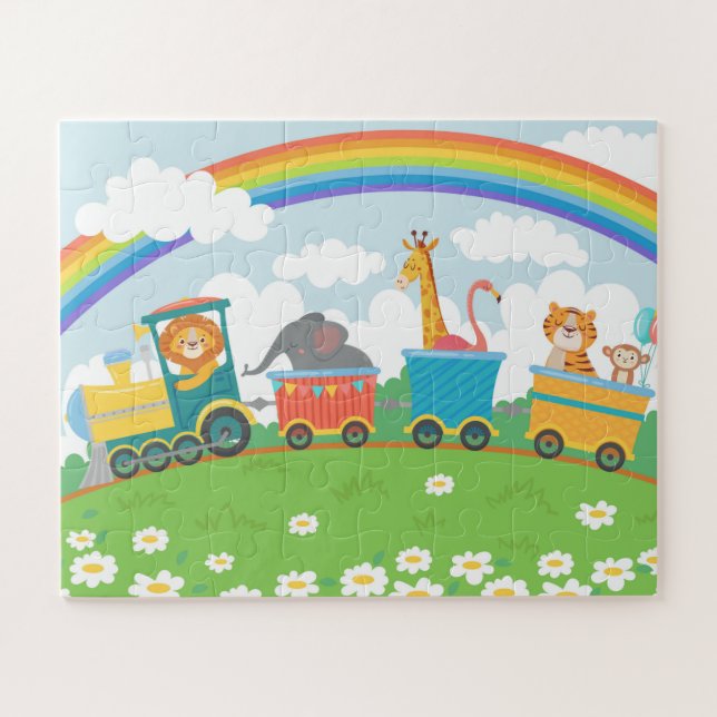 Cute Colourful Animal Train Rainbow Modern Kids Jigsaw Puzzle (Horizontal)