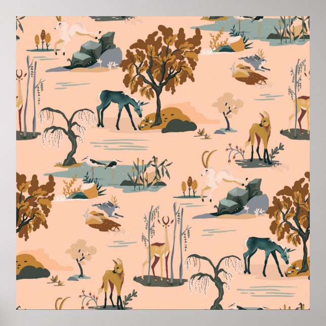 Cute & Colourful Animal & Unicorns Pattern Poster (Front)