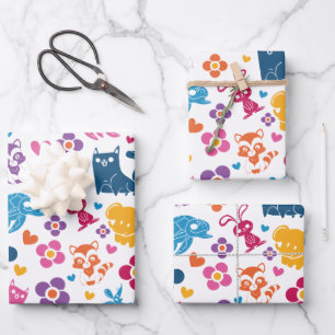 Cute Colourful Animals & Flowers Pattern Wrapping Paper Sheet